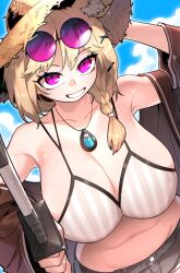 Rule 34 | :d, animal ear fluff, animal ears, arknights, arm up, bare shoulders, bikini, bikini top only, blonde hair, blush, braid, breasts, brown jacket, brown shorts, cleavage, collarbone, day, dutch angle, eyewear on head, grin, hat, highres, holding, holding sword, holding weapon, huge breasts, jacket, jewelry, long hair, long sleeves, looking at viewer, navel, necklace, off shoulder, official alternate costume, open clothes, open jacket, open mouth, outdoors, parted lips, pink eyes, pinkboy, purple-tinted eyewear, round eyewear, short shorts, shorts, side braid, smile, straw hat, striped bikini, striped clothes, sunglasses, swimsuit, sword, tinted eyewear, upper body, utage (arknights), utage (summer flowers) (arknights), vertical-striped bikini, vertical-striped clothes, weapon, yellow hat