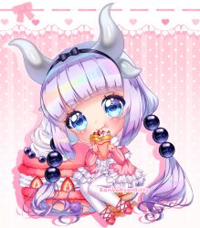 Rule 34 | 1girl, artist name, black bow, black hairband, blue eyes, blueberry, blunt bangs, blush, bow, buttons, capelet, chewing, chibi, chibi only, closed mouth, collar, collared capelet, colored eyelashes, commentary, commission, crumbs, dessert, dotted line, dragon horns, dress, eating, english commentary, food, food request, frilled capelet, frilled dress, frilled sleeves, frills, fruit, fur collar, gradient background, hair bobbles, hair bow, hair ornament, hairband, heart, high heels, highres, holding, holding food, horns, jacket, kanna kamui, kobayashi-san chi no maidragon, leg ribbon, long hair, long sleeves, looking at viewer, low twintails, macaron, multiple horns, nyahallo, pantyhose, pink background, pink bow, pink jacket, pink sleeves, polka dot, polka dot background, pumps, purple hair, red footwear, red ribbon, ribbon, shadow, short dress, simple background, sitting, smile, solo, strawberry, strawberry slice, twintails, very long hair, whipped cream, white capelet, white collar, white dress, white horns, white pantyhose