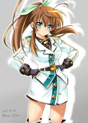 Rule 34 | 1girl, ahoge, aura, black gloves, black shirt, boots, brown hair, closed mouth, collared shirt, cosplay, cowboy shot, dated, einhard stratos, einhard stratos (cosplay), epaulettes, fingerless gloves, frown, fuka reventon, gloves, green jacket, green ribbon, green skirt, grey background, hair ribbon, hands on own hips, highres, jacket, long hair, long sleeves, looking at viewer, lyrical nanoha, mahou shoujo lyrical nanoha vivid, ponytail, ribbon, san-pon, shirt, skirt, solo, standing, thigh boots, thighhighs, triangle heart, twitter username, vivid strike!