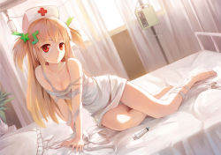 Rule 34 | 1girl, bandages, bandaged leg, bandages, bare legs, barefoot, bed, bra, breasts, cleavage, clinic, collarbone, dress, dutch angle, entangled, hair ornament, hat, highres, indoors, light brown hair, long hair, long legs, looking at viewer, nurse, nurse cap, off shoulder, on bed, original, panties, pantyshot, pillow, red eyes, short dress, sitting, small breasts, solo, strap slip, syringe, two side up, underwear, very long hair, white bra, white dress, white panties, xiaoyin li