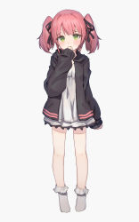 Rule 34 | 1girl, bare legs, black hoodie, dress, frilled dress, frills, full body, green eyes, hand to own mouth, highres, hood, hood down, hoodie, jacket, long sleeves, open clothes, open hoodie, original, pink hair, shone, sleeves past wrists, solo, standing, twintails