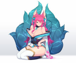 Rule 34 | 1girl, ;), ahri (league of legends), animal ear fluff, animal ears, bell, black choker, blue eyes, blue ribbon, blue tail, breasts, choker, clothes lift, facial mark, fox ears, fox girl, fox tail, full body, hair bell, hair between eyes, hair ornament, hair ribbon, highres, japanese clothes, jingle bell, kimono, kimono lift, kyuubi, large breasts, league of legends, lifted by self, long hair, looking at viewer, multiple tails, no bra, no panties, obi, off shoulder, one eye closed, pepper0, ribbon, sash, seiza, sitting, smile, solo, spirit blossom ahri, tail, thighhighs, thighs, vastaya, whisker markings, white kimono, white thighhighs, wide sleeves
