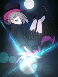 Rule 34 | 1girl, ange (princess principal), black cape, black footwear, black hat, blue eyes, boots, braid, cape, cavorite ball, commentary, full moon, gloves, grey hair, hat, highres, long sleeves, looking at viewer, moon, night, outdoors, parted lips, princess principal, short hair, sky, solo, star (sky), starry sky, top hat, wasabi60