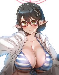 Rule 34 | 1girl, ayane (blue archive), ayane (swimsuit) (blue archive), bikini, black hair, blue archive, blue bikini, blush, bow (bhp), breasts, brown eyes, collarbone, commentary request, halo, jacket, large breasts, looking at viewer, official alternate costume, open clothes, open jacket, pointy ears, red-framed eyewear, red halo, selfie, simple background, solo, striped bikini, striped clothes, swimsuit, upper body, white background, white jacket