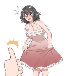Rule 34 | 1girl, 1other, absurdres, anger vein, bare arms, bare shoulders, blush, breasts, cleavage, commentary, cone horns, dress, english commentary, fang, frilled dress, frills, hair between eyes, highres, horns, kijin seija, looking at viewer, mata (matasoup), medium breasts, multicolored hair, nose blush, open mouth, pink dress, red eyes, red hair, simple background, sleeveless, sleeveless dress, solo focus, streaked hair, sweat, thumbs up, touhou, v-shaped eyebrows, white background, white hair