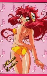 Rule 34 | 1990s (style), 1girl, arm grab, ass, bikini, bracelet, character name, cowboy shot, floating hair, green eyes, hair ornament, halterneck, idol project, jewelry, long hair, lowres, mimu emilton, musical note, official art, open mouth, patterned background, red hair, retro artstyle, solo, suzuki noritaka, swimsuit, yellow bikini