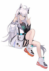 Rule 34 | 1girl, ahoge, animal ears, aqua eyes, bare legs, belt, black shirt, double fox shadow puppet, fox ears, fox girl, fox shadow puppet, fox tail, full body, grin, hair ornament, hairclip, hands up, highres, hololive, invisible chair, jacket, knee up, long hair, long sleeves, looking at viewer, one eye closed, shirakami fubuki, shirt, shoes, shugao, simple background, sitting, smile, solo, tail, thigh strap, virtual youtuber, white background, white footwear, white hair, white jacket
