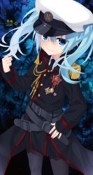 Rule 34 | 1girl, absurdres, aiguillette, belt, black legwear, black necktie, blue eyes, blue hair, character request, clenched hand, epaulettes, hair between eyes, hand on own hip, hat, hidan no aria, highres, kobuichi, long hair, military, military hat, military uniform, necktie, panties, shirt, smile, solo, standing, twintails, underwear, uniform, white shirt