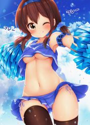 Rule 34 | 1girl, ;q, armband, bare shoulders, blue hairband, blue skirt, blue sky, blush, breasts, brown eyes, brown hair, brown thighhighs, cheerleader, closed mouth, cloud, cloudy sky, collarbone, commentary request, confetti, crop top, crop top overhang, day, hair between eyes, hairband, highres, holding, long hair, looking at viewer, low twintails, medium breasts, microskirt, midriff, minato ojitan, navel, no bra, one eye closed, original, outdoors, outstretched arm, panties, pleated skirt, pom pom (cheerleading), purple panties, side-tie panties, skirt, sky, sleeveless, smile, solo, thighhighs, tongue, tongue out, translation request, twintails, underboob, underwear