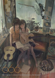 Rule 34 | 10s, 2013, 2girls, acoustic guitar, artist name, bare legs, bare shoulders, barefoot, black hair, braid, coffee mug, cup, dated, female focus, glasses, guitar, head tilt, hjl, indoors, instrument, leaning on person, leaning to the side, mug, multiple girls, original, paper, plant, raccoon, rain, red-framed eyewear, satellite, shorts, side-by-side, sitting, skirt, sleeping, sleeping on person, spacecraft, twin braids, voyager