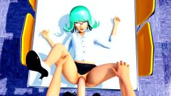 Rule 34 | 1boy, 1girl, 3d, animated, clothed sex, curly hair, desk, flat chest, glasses, green hair, hetero, high heels, indoors, leg grab, looking at viewer, lying, missionary, on back, on desk, one-punch man, penis, ponchi, pov, pov crotch, pov hands, pussy, red-framed eyewear, sex, shirt, short hair, skirt, sound, spread legs, tatsumaki, thighs, uncensored, vaginal, video