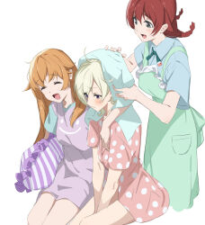 Rule 34 | 0364p, 3girls, absurdres, apron, arm around shoulder, bare legs, behind another, between legs, blonde hair, blush, braid, brown hair, closed eyes, closed mouth, embarrassed, emma verde, emoticon, freckles, frilled apron, frilled pillow, frills, green apron, green eyes, hair between eyes, hand between legs, hands on another&#039;s head, happy, highres, holding, holding pillow, konoe kanata, long hair, looking at another, looking down, love live!, love live! nijigasaki high school idol club, low twin braids, messy hair, mia taylor, multiple girls, nijigasaki academy school uniform, open mouth, pajamas, pillow, pink pajamas, polka dot, polka dot pajamas, purple eyes, school uniform, short hair, sitting, smile, towel, towel on head, twin braids, two-tone pajamas, wavy hair, white background