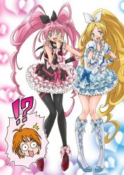Rule 34 | !?, 3girls, alternate color, black choker, blonde hair, blue eyes, blush, boots, choker, commentary request, cosplay, cure black, cure black (cosplay), cure melody, cure rhythm, cure white, cure white (cosplay), dress, eunos, eyelashes, frilled dress, frilled skirt, frills, futari wa precure, green eyes, hand on own hip, happy, highres, houjou hibiki, long hair, looking at viewer, magical girl, minamino kanade, misumi nagisa, multiple girls, open mouth, pantyhose, pink hair, precure, skirt, smile, speech bubble, standing, suite precure, twintails, two side up, white choker, white footwear