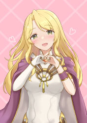 Rule 34 | 1girl, argyle, argyle background, argyle clothes, armlet, blonde hair, blush, bracelet, cape, commission, dress, elbow gloves, fire emblem, fire emblem: the binding blade, gloves, heart, heart hands, highres, jewelry, long hair, looking at viewer, nintendo, open mouth, pink background, saint elimine (fire emblem), single glove, skeb commission, solo, takaneko, white dress, white gloves, yellow eyes