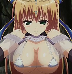 Rule 34 | 1girl, absurdres, armor, bikini, bikini armor, blonde hair, blush, breasts, cleavage, green eyes, highres, large breasts, long hair, maken no hime wa ero ero desu, micro bikini, sheila magnus, solo, stitched, swimsuit, third-party edit, white bikini