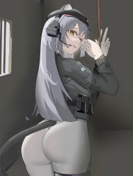 Rule 34 | 1girl, absurdres, animal ears, arknights, artist request, ass, beret, breasts, cat ears, cat tail, from behind, green eyes, grey hair, hat, headset, highres, huge ass, long hair, looking at viewer, military, military uniform, pants, schwarz (arknights), solo, tail, tight clothes, tight pants, uniform, very long hair