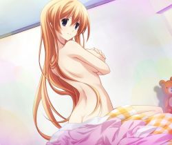 Rule 34 | 10s, 1girl, ass, bed sheet, blue eyes, breasts, butt crack, chaos;child, completely nude, covering privates, covering breasts, game cg, hair between eyes, indoors, kurusu nono, large breasts, light brown hair, long hair, looking at viewer, looking back, nude, official art, on bed, sasaki mutsumi, sitting, smile, solo, stuffed animal, stuffed toy, teddy bear, topless, very long hair