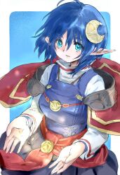 Rule 34 | 1girl, ahoge, blue eyes, blue hair, cape, crescent, crescent hair ornament, hair ornament, highres, looking at viewer, nao32, open mouth, pointy ears, red cape, rena lanford, short hair, skirt, solo, star ocean, star ocean the second story