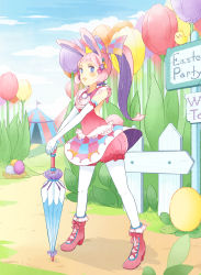 Rule 34 | 1girl, animal ears, bad id, bad pixiv id, bird, blue eyes, bow, rabbit ears, chick, closed umbrella, egg, elbow gloves, fence, flower, gloves, hair bow, hair flower, hair ornament, high heels, highres, open mouth, original, picket fence, pink footwear, pink hair, rikana, shoes, signature, solo, tent, tulip, umbrella, white gloves, white legwear, wooden fence