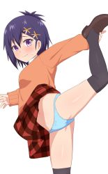 Rule 34 | 1girl, black thighhighs, blue hair, blue panties, bow, bow panties, brown footwear, closed mouth, commentary request, crotch seam, dress shirt, frown, gabriel dropout, hair ornament, hairclip, highres, leg hold, leg up, loafers, long sleeves, looking at viewer, miniskirt, navel, nyaroon, orange sweater, panties, pantyshot, plaid, plaid skirt, purple eyes, red skirt, school uniform, shirt, shoes, short hair, simple background, skirt, standing, standing on one leg, sweatdrop, sweater, thighhighs, underwear, vignette tsukinose april, white background, white shirt, x hair ornament