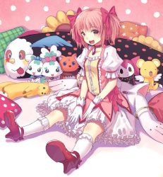 Rule 34 | 00s, 10s, 1990s (style), 1girl, arf, bow, bubble skirt, cardcaptor sakura, charlotte (madoka magica), choker, chypre (heartcatch precure!), coffret (heartcatch precure!), crossover, ferret, hair bow, heartcatch precure!, high heels, kaname madoka, kero (cardcaptor sakura), kitiroku, kneehighs, kyubey, lyrical nanoha, magical girl, mahou shoujo lyrical nanoha, mahou shoujo madoka magica, mahou shoujo madoka magica (anime), mary janes, multiple crossover, open mouth, pillow, pink eyes, pink hair, precure, puffy sleeves, retro artstyle, shoes, short twintails, sitting, skirt, socks, solo, twintails, white socks, yuuno scrya