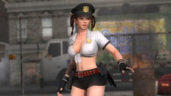 Rule 34 | 1girl, 3d, black hair, breasts, dead or alive, dead or alive 5, female focus, hat, large breasts, lei fang, midriff, navel, official art, official wallpaper, outdoors, police, police uniform, policewoman, solo, tecmo, uniform, wallpaper