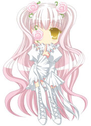 Rule 34 | 1girl, blush, boots, chibi, commentary request, cross-laced footwear, flower, flower over eye, frilled shirt, frilled skirt, frills, full body, gradient hair, hair flower, hair ornament, index finger raised, juliet sleeves, kirakishou, lace-up boots, lolita fashion, long hair, long sleeves, looking at viewer, medium bangs, morinaga hinase, multicolored hair, no mouth, pink flower, pink hair, pink rose, puffy sleeves, rose, rozen maiden, shirt, simple background, skirt, solo, thigh boots, two side up, very long hair, wavy hair, white background, white footwear, white shirt, white skirt, wide sleeves, yellow eyes
