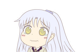 Rule 34 | 1girl, angel beats!, blush, closed mouth, commentary, commentary request, cowlick, from side, gyate gyate, hair ornament, hairclip, jacket, key (company), long hair, looking to the side, neck ribbon, ribbon, school uniform, shirt, silver hair, simple background, solo, taeminhyeon, tearing up, tears, tenshi (angel beats!), trembling, upper body, wavy mouth, white background, white shirt, yellow eyes