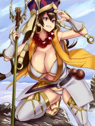 Rule 34 | 1girl, :d, absurdres, armpits, bead necklace, beads, bikini, black hair, breasts, bridal gauntlets, earrings, fate/grand order, fate (series), hair between eyes, headpiece, highres, hoop earrings, jewelry, long hair, looking away, necklace, open mouth, outdoors, prayer beads, purple eyes, shakujou, skindentation, smile, solo, staff, standby, swimsuit, thighhighs, thighs, white bikini, white thighhighs, xuangzang sanzang (fate)