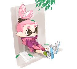 Rule 34 | 1boy, against wall, black eyes, black shorts, closed mouth, full body, inkling, inkling boy, inkling player character, jacket, leaf, male focus, multicolored clothes, multicolored jacket, nintendo, pink hair, pink jacket, pointy ears, purple jacket, short hair, shorts, sitting, sleeves past fingers, sleeves past wrists, solo, spl8ya, splatoon (series), tentacle hair, thick eyebrows, two-tone jacket