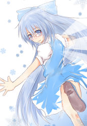 Rule 34 | 1girl, blue eyes, blue hair, cirno, dress, female focus, glasses, gradient background, hair ribbon, ice, ice wings, long hair, matching hair/eyes, natsume riu, ribbon, snowflakes, solo, touhou, very long hair, white background, wings
