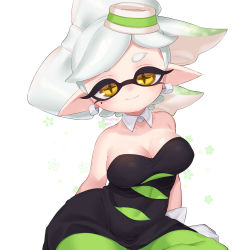 Rule 34 | + +, 1girl, bad id, bad pixiv id, black dress, breasts, brown eyes, busujima funya, cleavage, closed mouth, collar, commentary, detached collar, dress, earrings, floral background, food, food on head, gloves, green pantyhose, highres, inkling, jewelry, leaning to the side, looking at viewer, marie (splatoon), medium breasts, medium hair, mole, mole under eye, nintendo, object on head, pantyhose, pointy ears, short dress, sitting, smile, solo, splatoon (series), splatoon 1, strapless, strapless dress, tentacle hair, twitter username, white background, white collar, white gloves, wing collar, yokozuwari