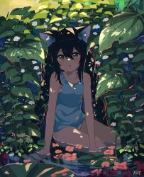 Rule 34 | 1girl, :o, absurdres, animal ears, bare arms, bare legs, black hair, blush, commentary, english commentary, flower, foliage, green eyes, highres, kgt (pixiv12957613), leaf, lily pad, long hair, looking at viewer, nature, original, outdoors, partially submerged, plant, scenery, signature, sitting, solo, tank top, very long hair, water, water drop