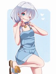 Rule 34 | 1girl, :d, ;d, absurdres, bare arms, bare shoulders, blue eyes, brown footwear, chinese commentary, commentary request, flip-flops, grey hair, hair between eyes, hair over shoulder, heart, highres, honkai (series), honkai impact 3rd, jewelry, leg up, long hair, looking at viewer, necklace, one eye closed, open mouth, overall shorts, overalls, polka dot, sandals, seashell, shell, shell necklace, side ponytail, sleeveless, smile, solo, standing, standing on one leg, theresa apocalypse, unique-blueberry, white background, white hair