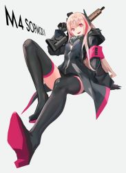 Rule 34 | armband, assault rifle, bad id, bad pixiv id, black thighhighs, boots, cancell, character name, girls&#039; frontline, gun, hair ornament, highres, jacket, looking at viewer, m4 carbine, m4 sopmod ii (girls&#039; frontline), multicolored hair, neckerchief, pink hair, red eyes, rifle, simple background, skirt, smile, solo, streaked hair, teeth, thigh boots, thighhighs, weapon