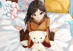 Rule 34 | 1girl, aoi sakura (seak5545), barefoot, brown hair, brown pants, brown shirt, calendar (object), commentary request, earrings, holding, holding stuffed toy, indoors, jewelry, long hair, long sleeves, looking at viewer, multicolored clothes, on bed, original, pants, pillow, shirt, smile, soles, solo, straight-on, stuffed animal, stuffed rabbit, stuffed toy, teddy bear, toes, wide sleeves, yellow shirt