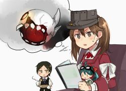 Rule 34 | 3girls, abyssal ship, ahoge, annin musou, bad id, bad twitter id, black hair, book, brown eyes, brown hair, comic, commentary request, fairy (kancolle), floating fortress (kancolle), gloves, goggles, goggles on head, green hair, hair ornament, hairclip, highres, holding, holding book, japanese clothes, kantai collection, kariginu, kuroshio (kancolle), long sleeves, magatama, multiple girls, reading, remodel (kantai collection), ryuujou (kancolle), scarf, short hair, short sleeves, sweatdrop, twintails, visor cap