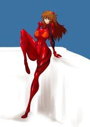 Rule 34 | 1girl, absurdres, alternate breast size, arm support, ass, blue background, blue eyes, bodysuit, breasts, brown hair, ciu (artist), curvy, full body, highres, huge ass, large breasts, long hair, looking at viewer, neon genesis evangelion, plugsuit, red bodysuit, shiny clothes, simple background, skin tight, smile, solo, souryuu asuka langley, two-tone background, two side up, very long hair, white background, wide hips