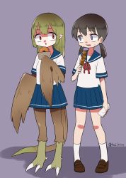 Rule 34 | 2girls, blouse, blue sailor collar, blue skirt, brown hair, claws, commentary request, doughnut, eating, eye contact, food, green eyes, harpy, holding, holding food, kai himo, looking at another, low twintails, monster girl, multiple girls, neck ribbon, one-hour drawing challenge, original, parted lips, pleated skirt, pointy ears, purple background, purple eyes, red eyes, red ribbon, ribbon, sailor collar, school uniform, serafuku, shaded face, shirt, short sleeves, simple background, skirt, tail, twintails, twitter username, white shirt, wide-eyed, winged arms, wings