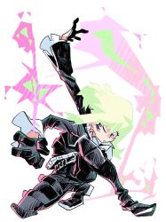 Rule 34 | 1boy, action, ascot, bad id, bad twitter id, belt, black gloves, black jacket, fire, gloves, green hair, half gloves, highres, ichigo kanno, jacket, lio fotia, male focus, multiple belts, outstretched arms, promare, purple eyes, solo