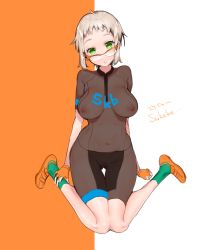 Rule 34 | 1girl, arms behind back, bad id, bad pixiv id, blonde hair, blush, bodysuit, breasts, breasts apart, cameltoe, cleft of venus, clothes writing, covered erect nipples, covered navel, female focus, fingerless gloves, full body, glasses, gloves, goggles, green eyes, green socks, head tilt, hip focus, large breasts, looking at viewer, navel, nito (siccarol), no bra, no panties, open mouth, orange-framed eyewear, orange footwear, orange gloves, original, over-rim eyewear, parted lips, safety glasses, see-through, semi-rimless eyewear, shoes, short hair, short sleeves, simple background, sitting, sneakers, socks, solo, sportswear, thigh gap, turtleneck, unitard, wariza, white hair
