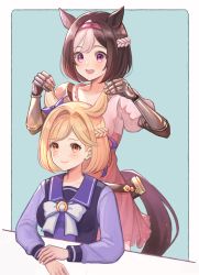 Rule 34 | 2girls, animal ears, blonde hair, blue ribbon, brown eyes, brown hair, commentary request, company connection, cosplay, costume switch, cowboy shot, djeeta (granblue fantasy), djeeta (granblue fantasy) (cosplay), dress, gauntlets, granblue fantasy, hairband, highres, holding, holding clothes, horse ears, horse girl, horse tail, multiple girls, pink dress, pink hairband, purple eyes, purple sailor collar, ribbon, sailor collar, school uniform, serafuku, short hair, sidelocks, special week (umamusume), special week (umamusume) (cosplay), standing, tail, takanishi takashi, tracen school uniform, umamusume, winter uniform