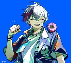Rule 34 | 1boy, black nails, blue background, blue jacket, bracelet, chain, chain necklace, clenched hand, closed eyes, floral print, fuwa minato, grey hair, hawaiian shirt, jacket, jewelry, long hair, male focus, multicolored hair, necklace, nijisanji, open mouth, pink hair, purple hair, shirt, short sleeves, simple background, smile, solo, streaked hair, toto nizi, virtual youtuber, white shirt