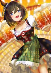 Rule 34 | 1girl, alcohol, alternate costume, animal ears, beer, blurry, blurry background, breasts, collarbone, dirndl, eishin flash (umamusume), german clothes, hair between eyes, hair ornament, highres, horse ears, horse girl, horse tail, looking at viewer, medium breasts, oktoberfest, open mouth, otono (bkt4b), solo, tail, umamusume