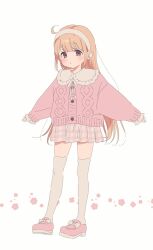 Rule 34 | 1girl, blonde hair, blush, cardigan, commentary, expressionless, full body, futaba anzu, grey eyes, hairband, highres, idolmaster, idolmaster cinderella girls, kurasaki moroko, long hair, outstretched arms, pink cardigan, pink footwear, skirt, sleeves past wrists, solo, spread arms, symbol-only commentary, thighhighs, white thighhighs, zettai ryouiki