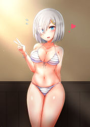Rule 34 | 10s, 1girl, bikini, blue eyes, breasts, cowboy shot, e-kichi, eyes visible through hair, front-tie top, hair ornament, hair over one eye, hairclip, hamakaze (kancolle), heart, highres, kantai collection, large breasts, looking at viewer, navel, short hair, silver hair, solo, standing, striped bikini, striped clothes, swimsuit, v
