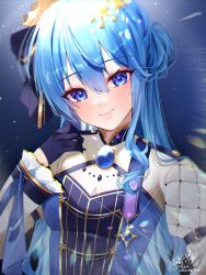 Rule 34 | blue eyes, blue hair, blush, breasts, crown hair ornament, hair between eyes, highres, hololive, hoshimachi suisei, hoshimachi suisei (stellar into the galaxy), long hair, looking at viewer, smile, solo, virtual youtuber, yuuyu (moco20111115)