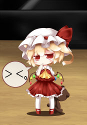 Rule 34 | &gt; &lt;, 1girl, ascot, bad id, blonde hair, chibi, closed eyes, cocozasa, emoticon, finger in own mouth, flandre scarlet, hat, mini person, minigirl, pantyhose, red eyes, short hair, side ponytail, solo, speech bubble, stuffed animal, stuffed toy, tears, teddy bear, touhou, white pantyhose, wings