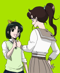 Rule 34 | 10s, 1990s (style), 2girls, bishoujo senshi sailor moon, brown hair, color connection, crossover, fist bump, green background, green eyes, green hair, green sweater vest, hair bobbles, hair ornament, hand on own hip, hip focus, kino makoto, kyakya, midorikawa nao, multiple girls, muted color, ponytail, precure, retro artstyle, school uniform, sleeves rolled up, smile, smile precure!, sweater vest, trait connection