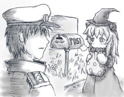 Rule 34 | 10s, 1boy, 1girl, abyssal ship, admiral (kancolle), faceless, faceless male, flower, halloween, halloween costume, hat, kantai collection, lowres, mailbox, military, military uniform, monochrome, nature, northern ocean princess, ooguchiboya, outdoors, plant, uniform, upper body, witch hat